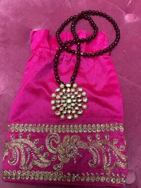 Kundan Gold & Pearl Floral Pendant Necklace on Dark Beads - Hot Pink Accents